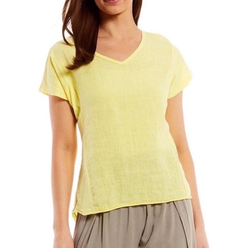 Tera Bora Linen Top L Yellow V-Neck Made in Italy Short Sleeve Blouse